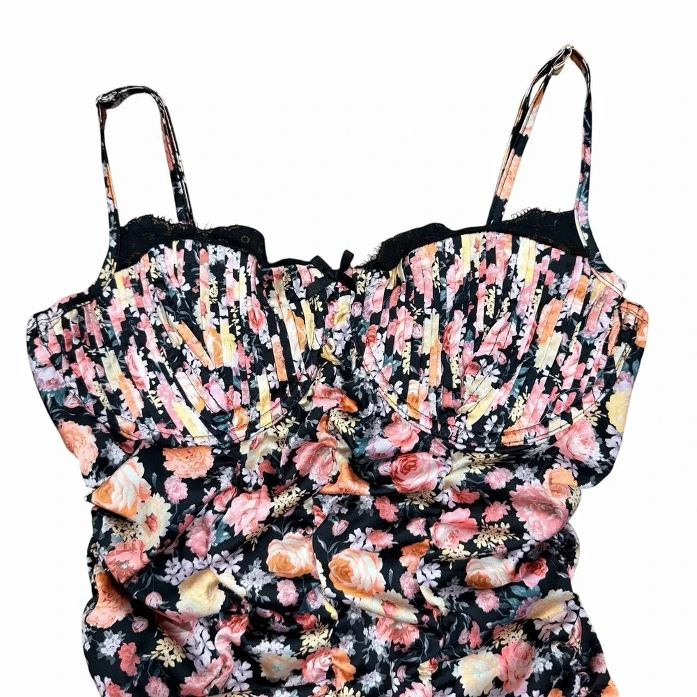 For Love & Lemons Floral Bustier Mini Dress Ruched Drawstring Women's M - Picture 3 of 11